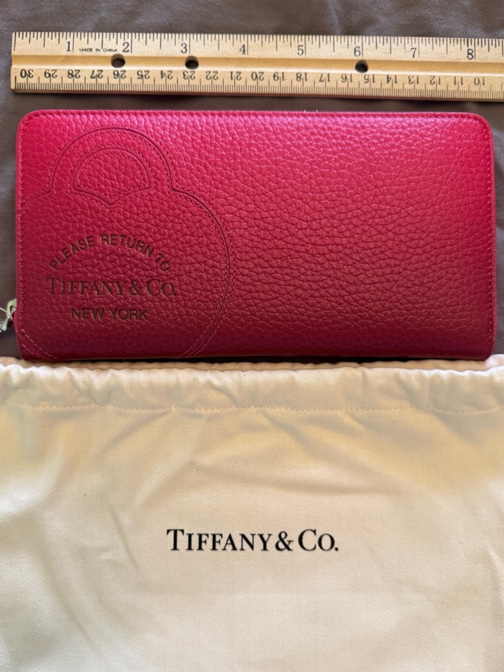 BRAND NEW Tiffany & Co Large Zip Around Wallet Dark Fucshia Pink Red Ombre